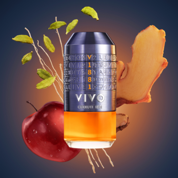 Cerruti 1881 VIVO woda perfumowana: butelka stalowo-niebieska, pomarańczowy płyn, z imbirem, jabłkiem, kardamonem.