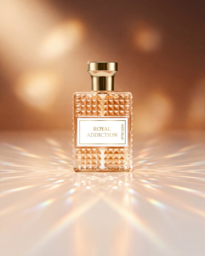 Royal Addiction perfum w teksturowanej szklanej butelce ze złotą zakrętką, na tle świetlnych refleksów, widok z przodu.