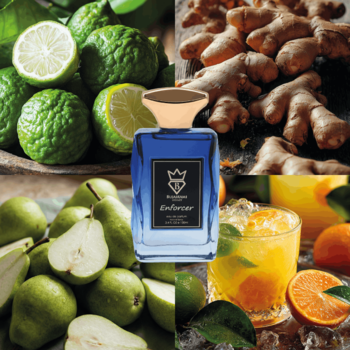 Bujairami Enforcer woda perfumowana unisex, niebieska butelka wśród świeżych gruszek, bergamotki, imbiru i cytrusów.