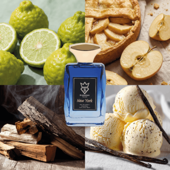 Woda perfumowana unisex Bujairami New York, flakon na tle bergamotki, szarlotki, drewna i waniliowych lodów.