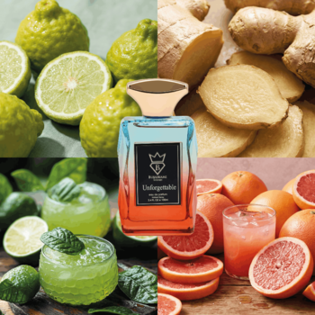 Bujairami Unforgettable perfumy, flakon otoczony bergamotką, imbirem, grejpfrutem i ziołowymi napojami.
