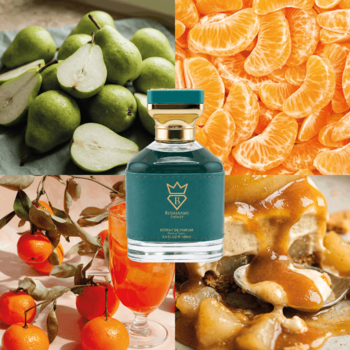 Bujairami Ocean Eyes perfumy damskie, tealowa butelka. Wokół: gruszki, mandarynki, karmelowy deser owocowy.
