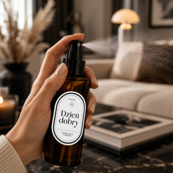 Kobieta trzyma ciemnobrązowy szklany spray do wnętrz "Dzień dobry", rozpylając delikatną mgiełkę w salonie.