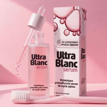 Wybielające Ultra Blanc Serum do zębów w butelce z pipetą, różowa szczoteczka i opakowanie na różowym tle.