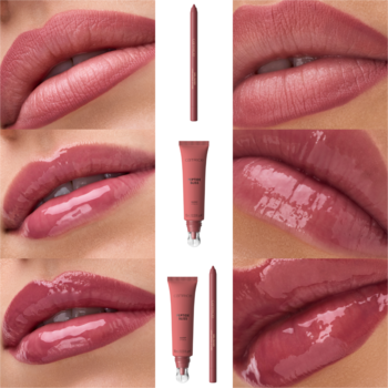 Zestaw Catrice The Gloss Collective Berry Lip Set 01 z konturówką, błyszczykiem i balsamem, prezentujący efekty na ustach.