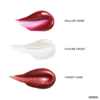 Trzy błyszczące swatche: głęboki Mulled Wine, perłowy Future Frost i brokatowy Candy Cane, na białym tle.