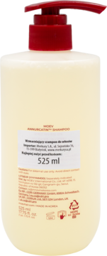 Tył beżowej butelki wzmacniającego szamponu Moev Annurcatin™ 525 ml z czerwoną pompką i polskimi etykietami.