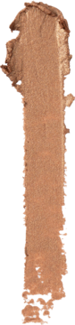 Kremowy sztyft Beauty Balm: pionowy swatch jasnobrązowego, połyskującego bronzera na czarnym tle.