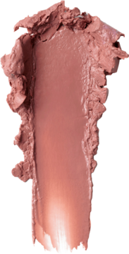 Gruby, kremowy swatch szminki w kolorze brudnego różu, z widoczną teksturą, na czarnym tle.