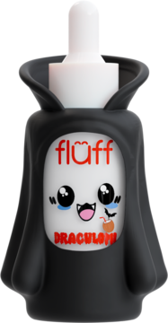 Fluff Draculamp, krople w czarnej butelce z peleryną wampira i białą, uroczą twarzą, widok z przodu.
