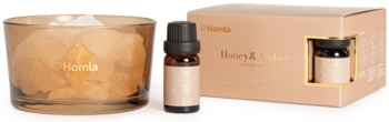 Zestaw zapachowy Honey&Amber: szklany pojemnik z kryształkami 30g i olejek 10ml, obok pudełko, widok z przodu.