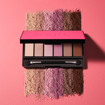 Paleta cieni Iconic Eyeshadow Palette 2. Widok z góry. Czarne etui, różowy top. 6 cieni: beż, róż, brązy. Różowe tło z proszkiem.