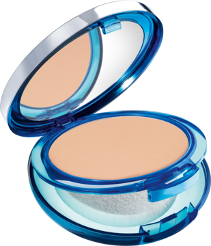 Artdeco Sun Protection Powder Foundation SPF 50, beżowy podkład w otwartym, niebieskim kompakcie z lustrem i gąbeczką.