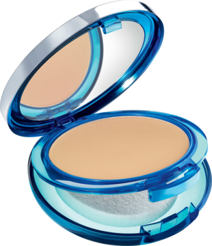 Artdeco Sun Protection Powder Foundation SPF 50, beżowy matujący puder w otwartym niebieskim kompakcie z lustrem i gąbką, widok z góry.