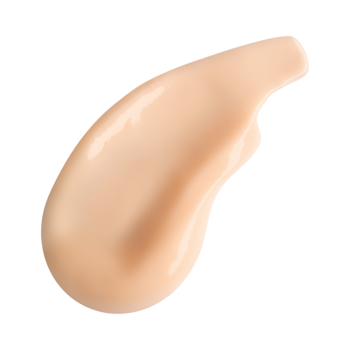 Rozmazana kropla jasnobeżowego podkładu ARTDECO Sun Protection Primer SPF 30, kremowa tekstura na białym tle, widok z góry.