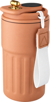 Terracotta kubek termiczny 400ml z wyświetlaczem temperatury, złotym pokrętłem i białą smyczą, widok z przodu.