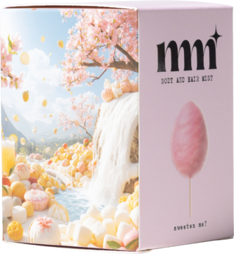 Mmi Body and Hair Mist w różowym pudełku. Pastelowa grafika z wiśniami, wodospadem, słodyczami i watą cukrową.