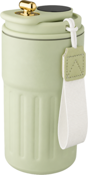 Bladozielony kubek termiczny 400ml z wyświetlaczem temperatury, złotym przyciskiem, białym paskiem, widok lekko z boku.
