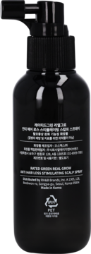 Tył czarnej butelki RATED GREEN REAL GROW Anti Hair Loss Spray do skóry głowy z białymi etykietami, Made in Korea.
