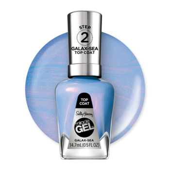 Butelka Sally Hansen Miracle Gel Galax-Sea top coat, błękitna, z efektem zmiany koloru, na okrągłej błękitnej plamie.