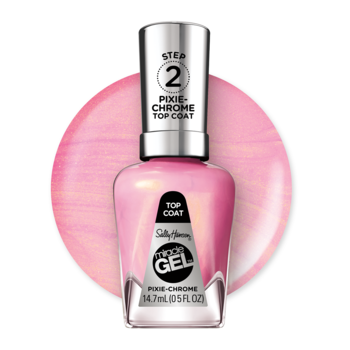 Sally Hansen Miracle Gel Pixie Chrome, chromowany top coat zmieniający kolor, butelka z metaliczną nakrętką na tle różowego swirla.