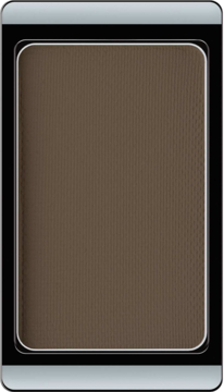 Matowy cień do powiek Artdeco Matt Dark Grey Mocha, ciemnobrązowy z teksturą, w czarnym opakowaniu. Widok z góry.