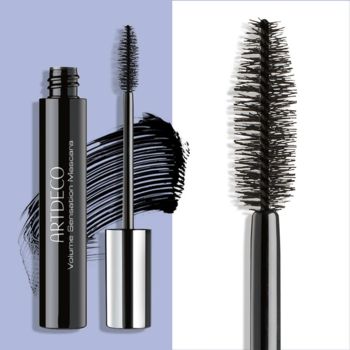 Artdeco Volume Sensation Mascara: czarna tubka, szczoteczka z tuszem i zbliżenie na aplikator dla objętości i wydłużenia.