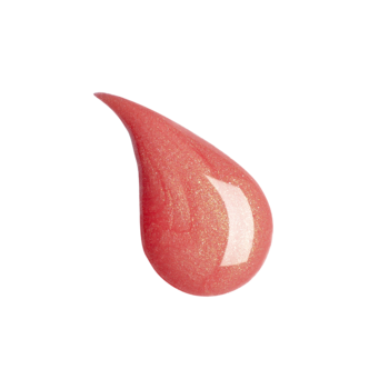Izolowana, lśniąca kropla Plumping Lip Fluid w odcieniu koralowym, z efektem powiększenia ust i połysku.