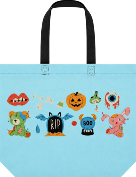 Jasnoniebieska torba na zakupy z czarnymi uchwytami, z przodu kolorowe, kreskówkowe motywy Halloween: dynia, zombie, potwory.