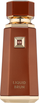 Brunatna butelka perfum Liquid Brun EDP 100ml ze złotymi detalami i ozdobnym kamieniem, widok z przodu.