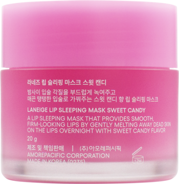 Tył różowego opakowania Laneige Lip Sleeping Mask Sweet Candy, z angielskim i koreańskim tekstem, 20g.