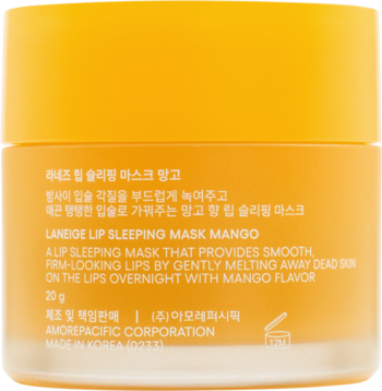 Tył żółto-pomarańczowego opakowania Laneige Lip Sleeping Mask Mango, z widocznym szczegółowym opisem produktu.