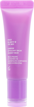 Tył fioletowej tubki Laneige Lip Glowy Balm Gummy Bear z etykietą produktową i datą ważności DG2128 1222.