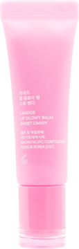 LANEIGE Lip Glowy Balm Sweet Candy, różowa tubka balsamu do ust z białymi napisami, widok frontalny.