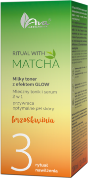 Pionowe pudełko Ava Ritual With Matcha, mleczny tonik-serum z efektem glow, brzoskwinia, zielono-pomarańczowe.