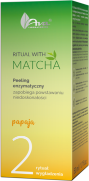 Ava Ritual with Matcha, Peeling Enzymatyczny z papają, w zielono-żółtym pudełku, widok z przodu.