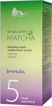 Ava Matcha Sleeping Mask, zielono-fioletowe opakowanie '5 rytuał regeneracji', borówka. Widok z przodu.