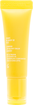 Żółta tubka balsamu do ust Laneige Lip Glowy Mango, widok z przodu, z widoczną datą ważności.