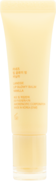 LANEIGE Lip Glowy Balm Vanilla, jasnożółta tubka z tekstem o marce i zapachu, widok z boku.