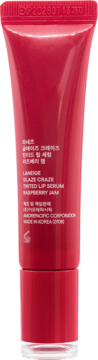 Tył tubki Laneige Glaze Craze Tinted Lip Serum Raspberry Jam, czerwona, z tekstem producenta.