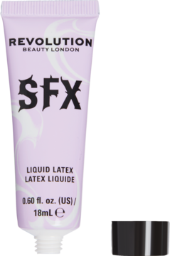 Revolution SFX Liquid Latex, jasnofioletowa tubka z białymi wzorami, otwarta, czarna nakrętka obok. Widok z przodu.
