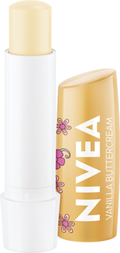 NIVEA Vanilla Buttercream balsam do ust, biała baza, wysunięty żółty sztyft, złota nakrętka z fioletowymi kwiatami, stojący pionowo.