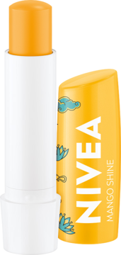 Otwarta pomadka do ust NIVEA Mango Shine, pomarańczowy sztyft, żółta zakrętka z logo i tropikalnym wzorem.