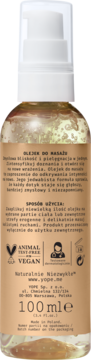 Tył butelki wegańskiego olejku SKIN TO SKIN do masażu ciała i stref intymnych 100ml. Biała pompka i polski tekst.