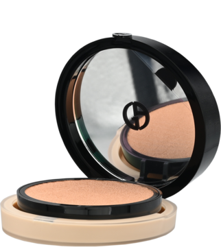 Giorgio Armani Luminous Silk Glow Fusion Powder, beżowy, otwarty kompakt z lustrem, widok z góry pod kątem.