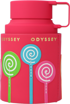 Woda perfumowana Armaf Odyssey Pink Pop, różowa butelka w ozdobnym etui z motywem lizaków, widok z przodu.