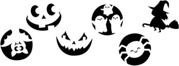 A collection of black and white Halloween stencils featuring jack-o'-lanterns, ghosts, a witch, a bat, and a spider.