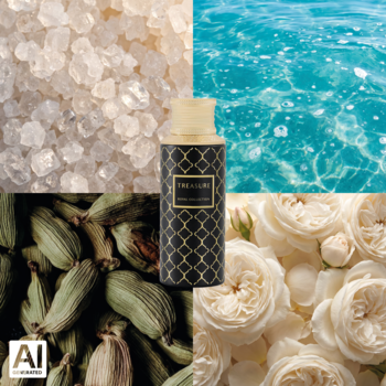 Maison Asrar Treasure perfumy unisex. Flakon wśród soli, wody, kardamonu i róż, kompozycja zapachowa.