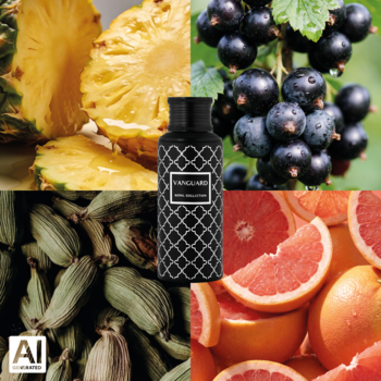Woda perfumowana Maison Asrar Vanguard w czarnej butelce, otoczona ananasem, czarną porzeczką, kardamonem, grejpfrutem.