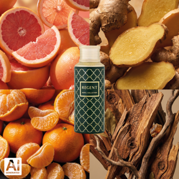 Maison Asrar Regent perfumy unisex, zielona butelka z wzorem, otoczona grejpfrutem, imbirem i kawałkami drewna.